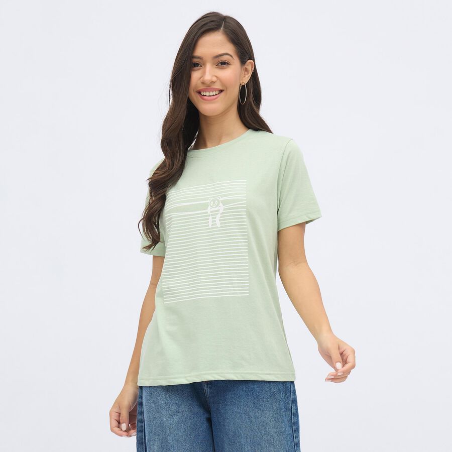 Women's Light Sage Green Round Neck Casual T-Shirt, Light Green, large