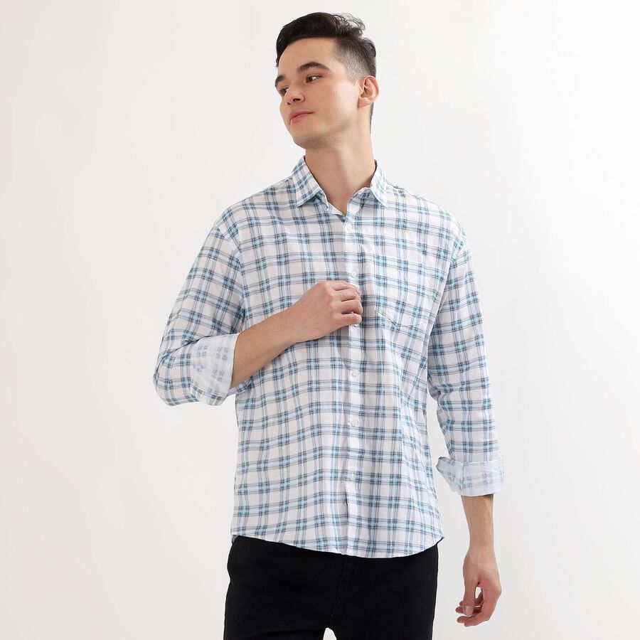 Men's Light Blue and White Cotton Spread Collar Casual Shirt, Light Blue, large image number null