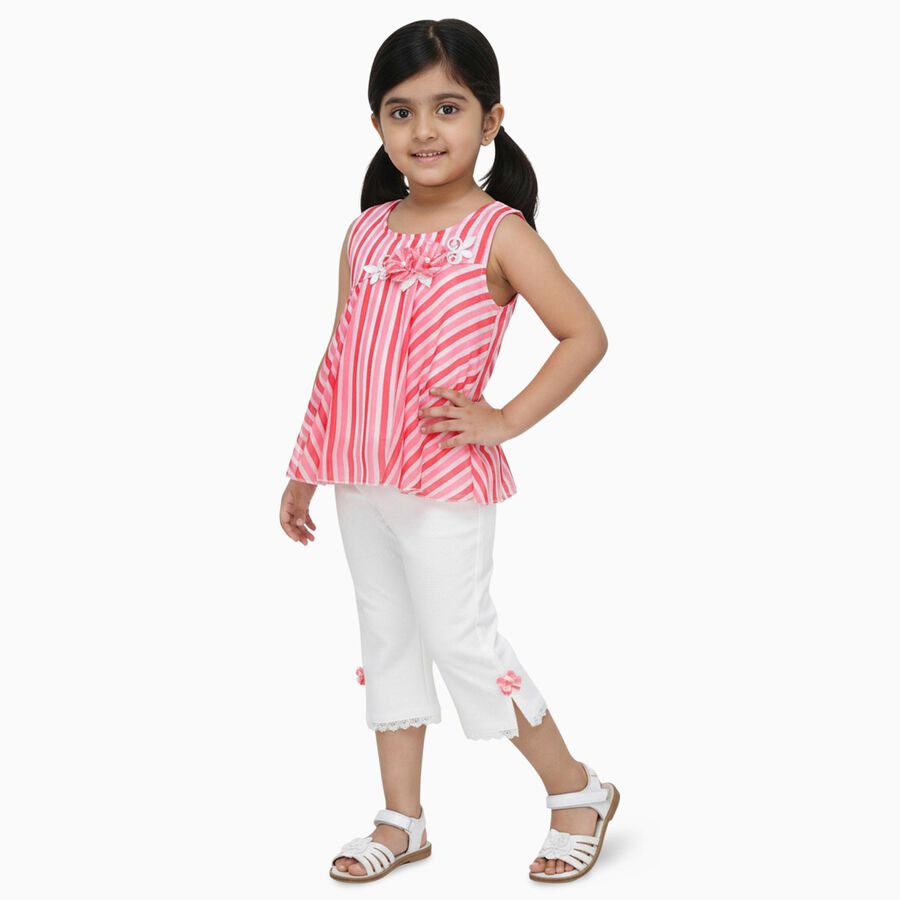 Girls Bright Pink Sleeveless Striped Top and White Capri Set, गुलाबी, large