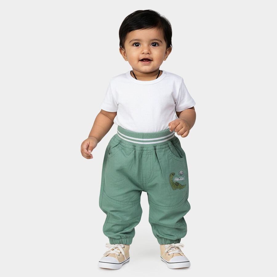 Infants' Green Regular Fit Dinosaur Embroidered Trousers, ओलिव, large