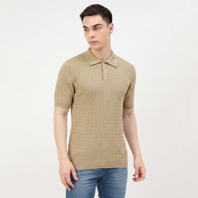 Men Beige Cotton Polo Neck Polo T-Shirt