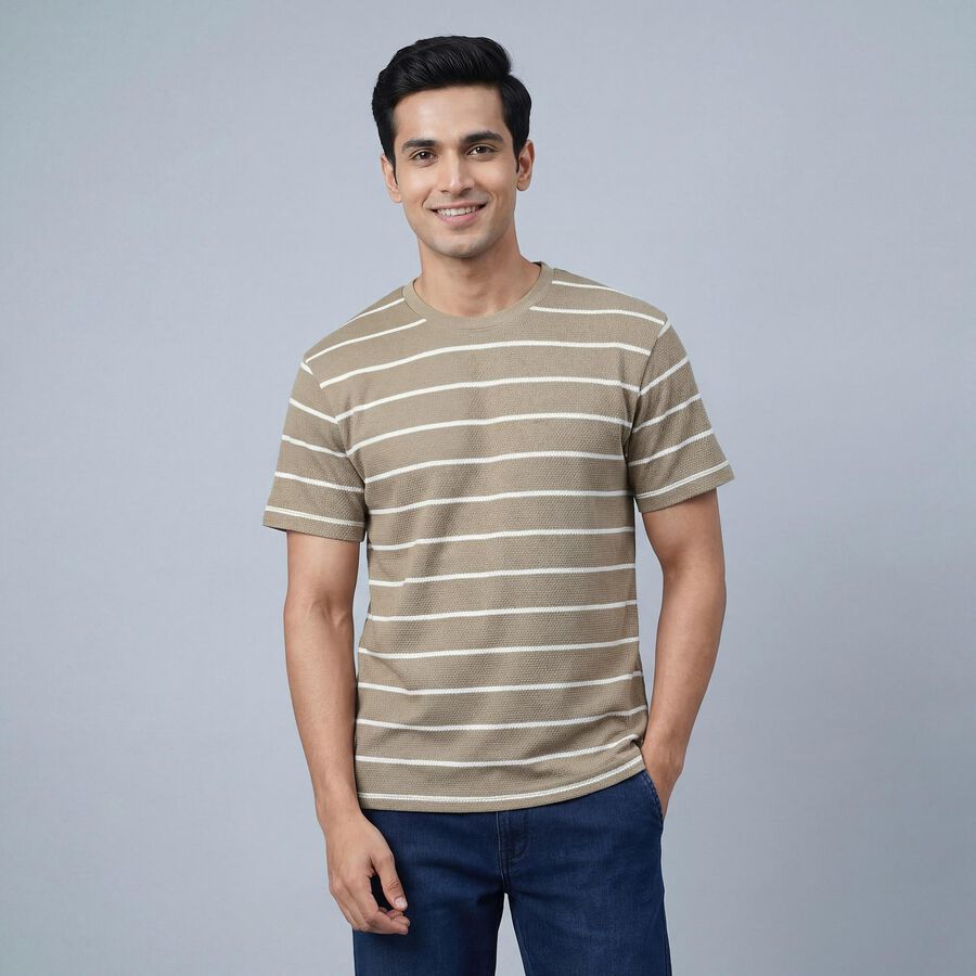Men's Beige Round Neck Casual Printed T-Shirt, Beige, large