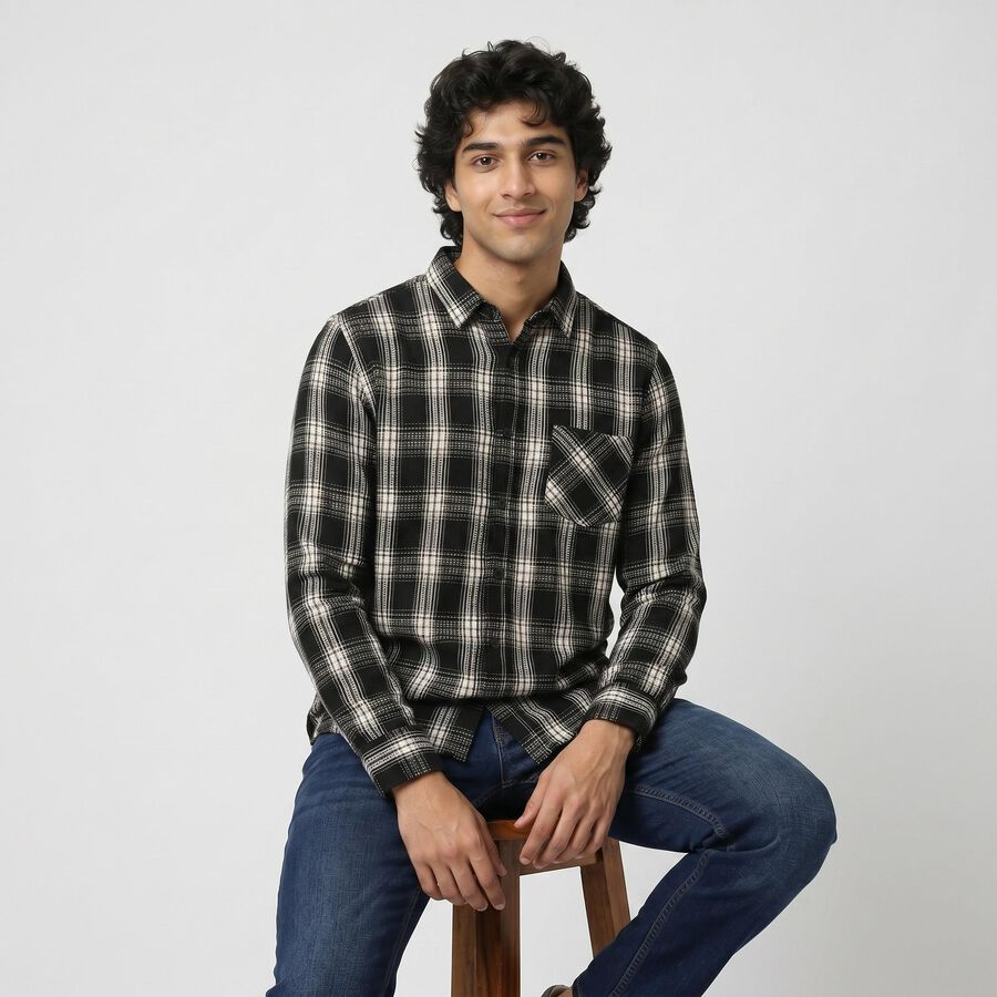 Men's Black Cotton Long Sleeve Collar Regular Fit Casual Shirt, काला, large
