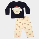 Infants' Navy Blue Cotton Round Neck Teddy Graphic Print Baba Suit, Navy Blue, small