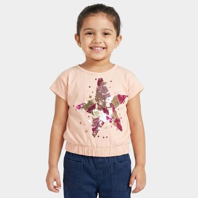 Girls Light Pink Cotton Round Neck Regular T-Shirt