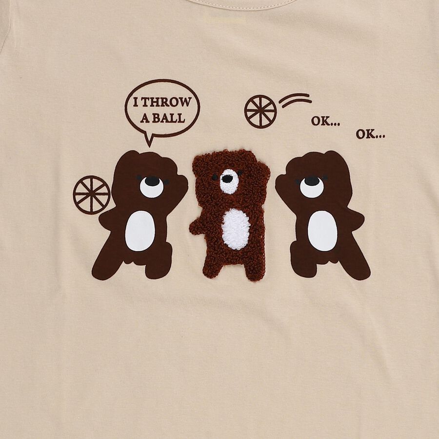 Girls Light Beige Cotton Round Neck Cartoon Printed T-Shirt, Beige, large