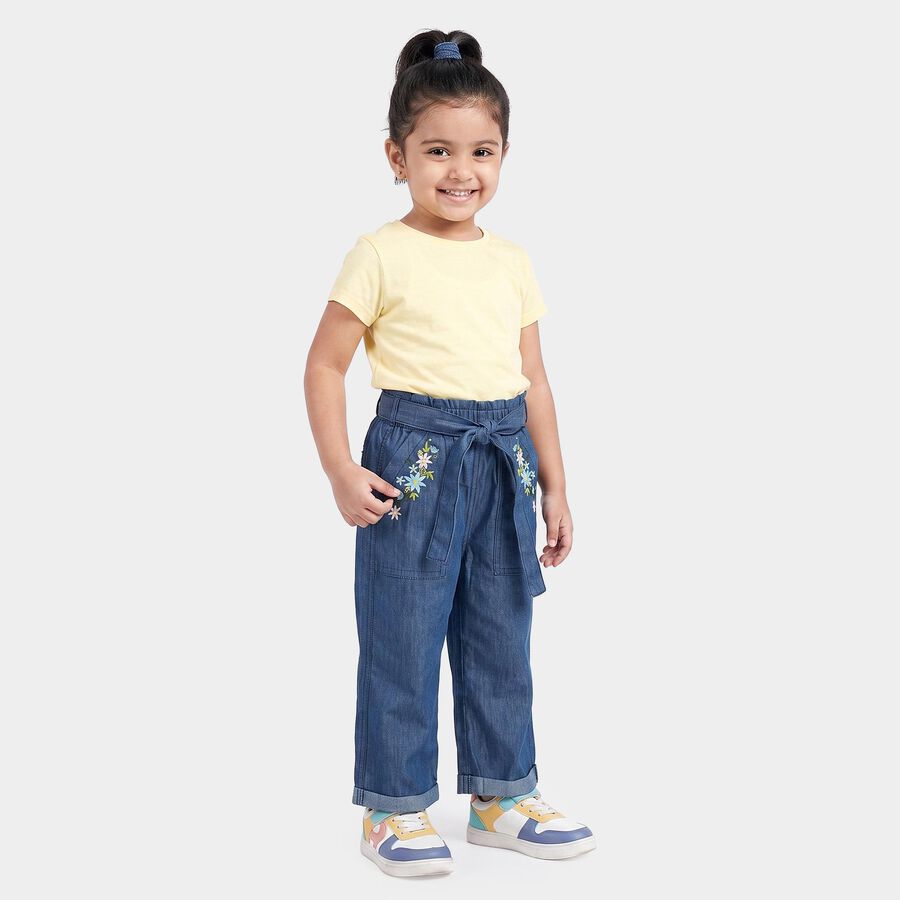 Girls Blue Wide Leg Embroidered Jeans, गहरा नीला, large