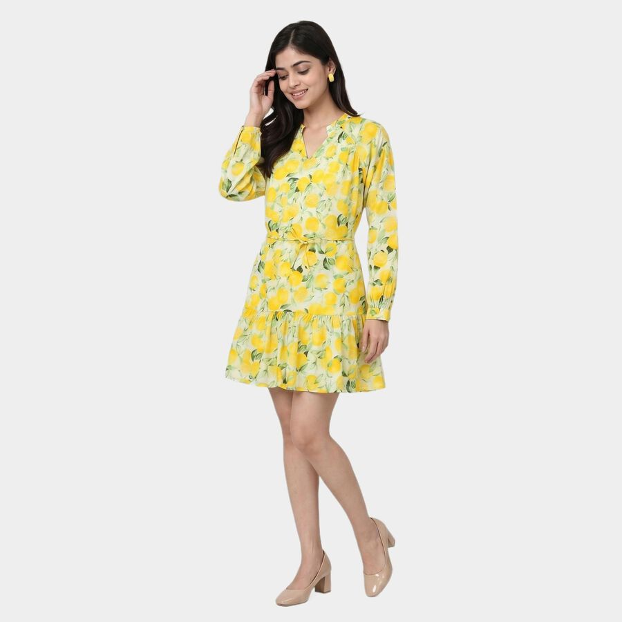 Women's Yellow Cotton V-Neck Fit and Flare Dress, Yellow, large