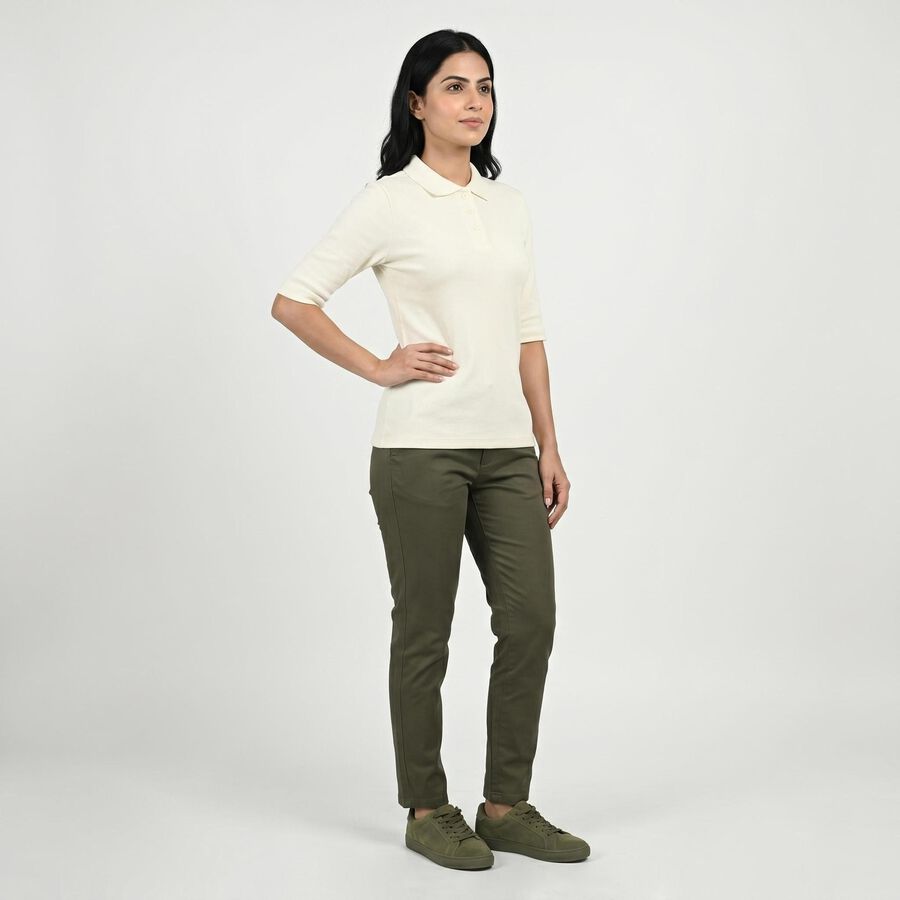 Women's White Cotton Blend Polo Neck Preppy Polo T-Shirt, White, large