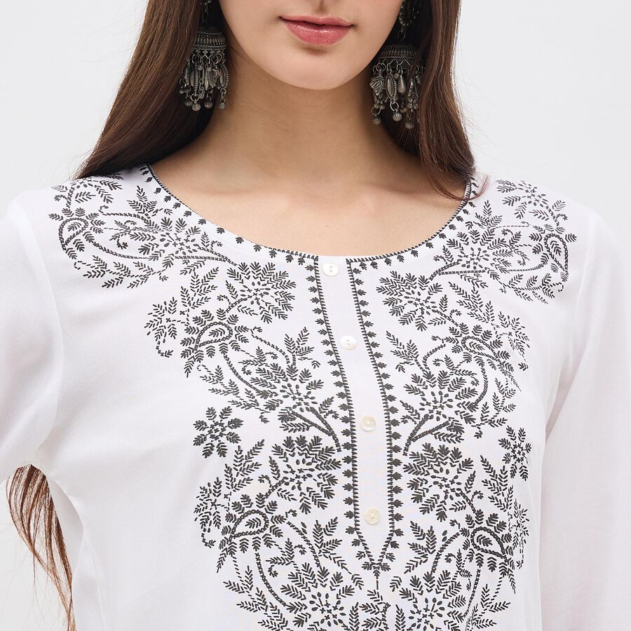 Women's White Round Neck Embroidered Kurta, ऑफ व्हाइट, large image number null
