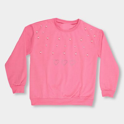 Girls Bright Pink Crew Neck Casual Sweatshirt