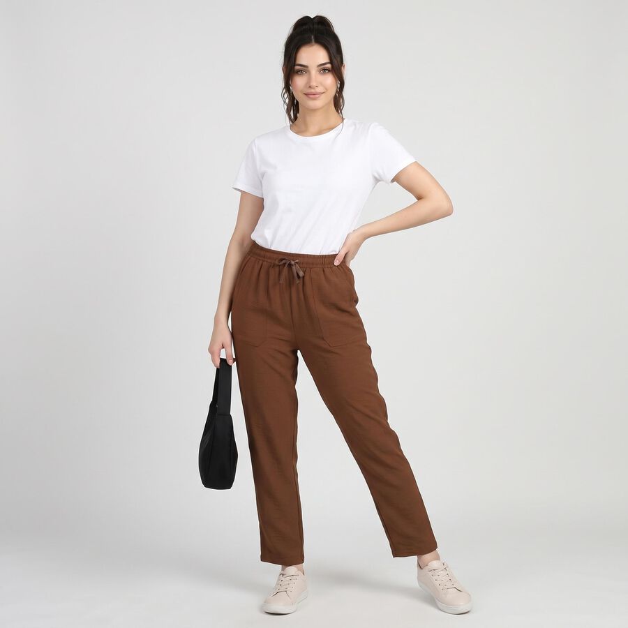 Women's Brown Straight Fit Drawstring Track Pants, भूरा, large