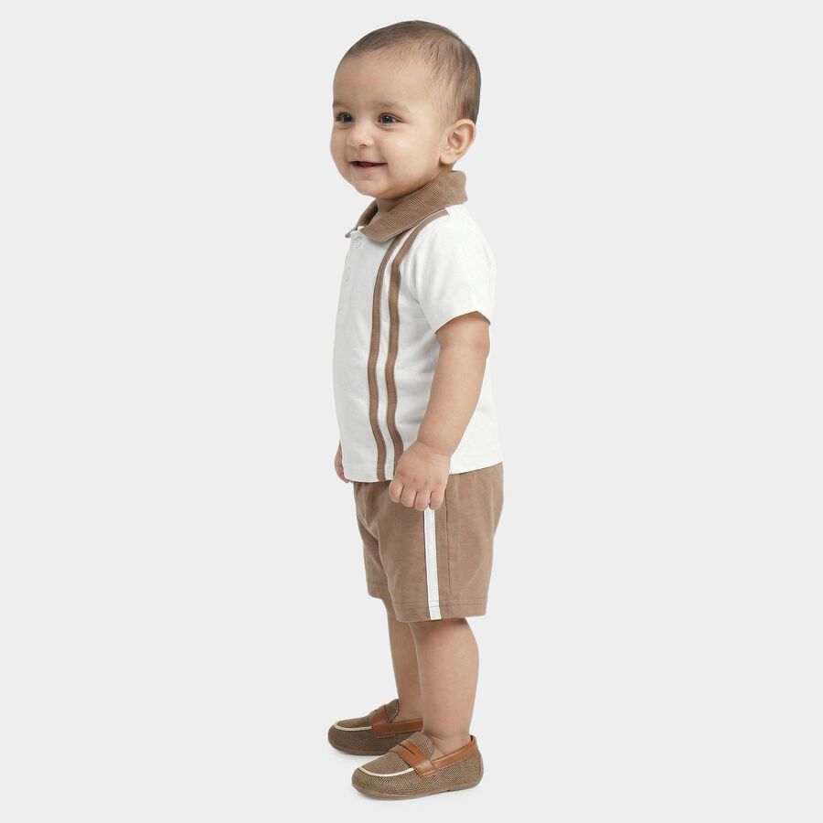 Infants' White Cotton Polo Neck Striped Baba Suit, सफ़ेद, large
