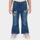 Girls Blue Flared Fit Butterfly Embroidered Jeans, Mid Blue, small