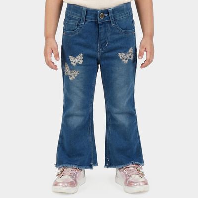Girls Blue Flared Fit Butterfly Embroidered Jeans