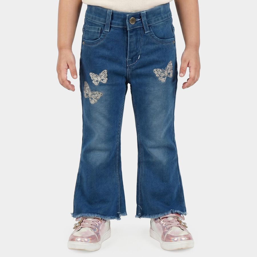 Girls Blue Flared Fit Butterfly Embroidered Jeans, Mid Blue, large