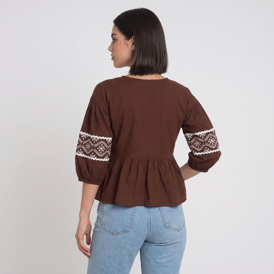 Women's Brown Round Neck Shirt, भूरा, large