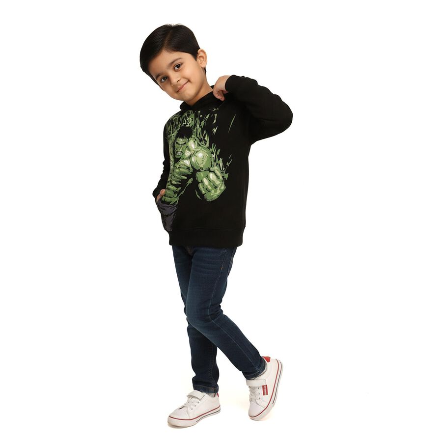 Boys Jet Black Hooded Neck Graphic Sweatshirt, काला, large image number null