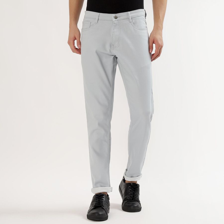 Men's Light Grey Slim Fit Flat-Front Casual Trousers, हल्का नीला, large image number null