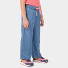 Girls Blue Wide Leg Drawstring Jeans, मध्यम नीला, small