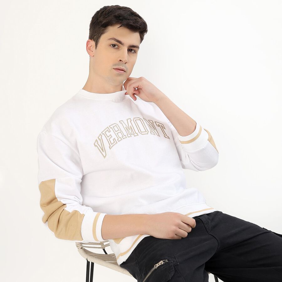 Men's Rich Eggshell White Crew Neck Casual Sweatshirt, सफ़ेद, large image number null