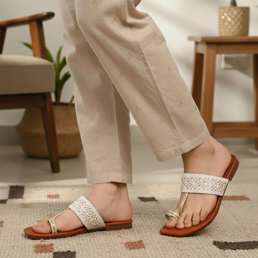 Women's Beige Toe-Ring Slip-On Flat Sandals, Beige, large