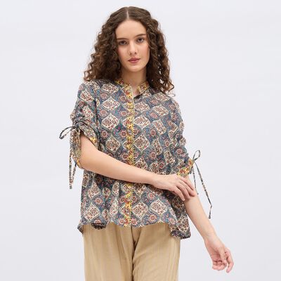 Women's Dark Blue Round Neck Printed Kurti