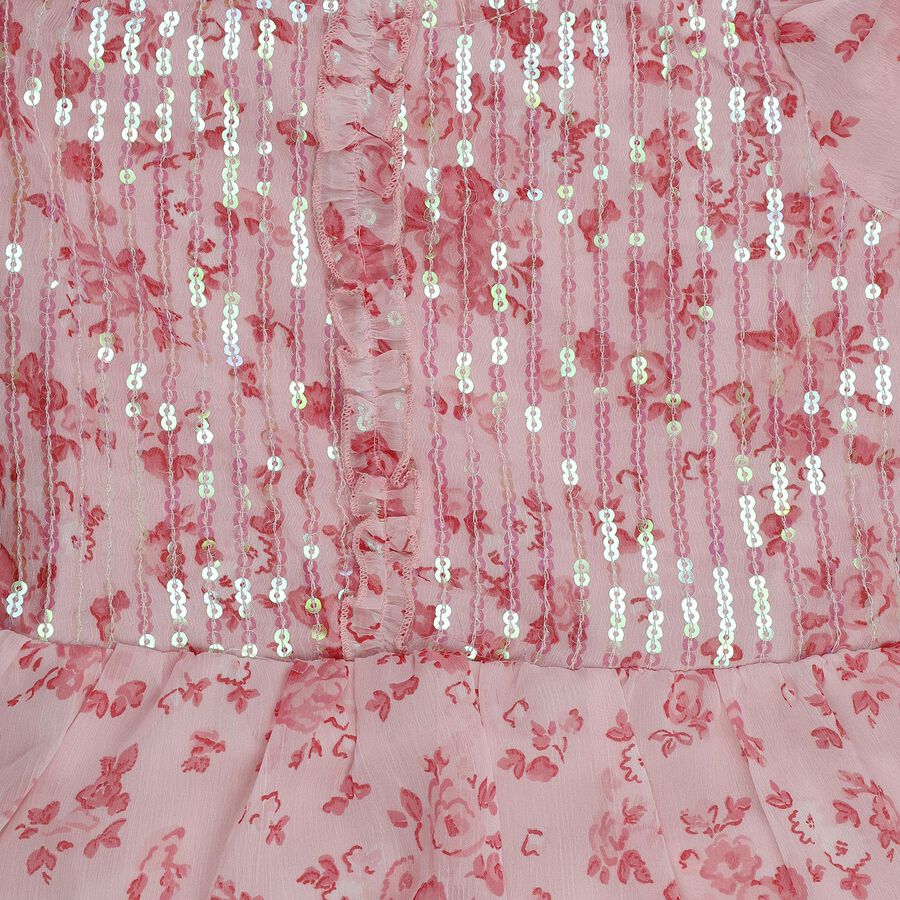 Girls' Pink Round Neck Ruffle Sleeve Fit and Flare Dress, Light Pink, large