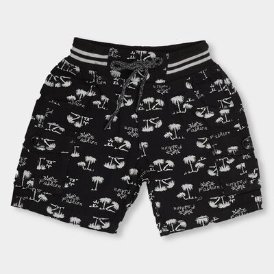 Boys' Jet Black Printed Elastic Waist Bermuda Shorts
