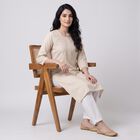 Women's Beige Round Neck Embroidered Straight Kurta, Beige, small