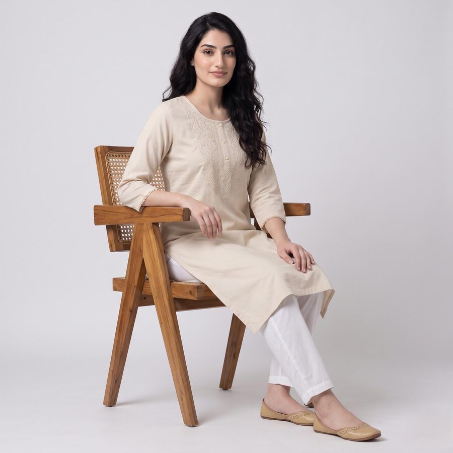 Women's Beige Round Neck Embroidered Straight Kurta, Beige, large