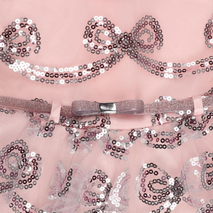Girls' Soft Pink Sequin Bow Sleeveless Party Frock, Light Pink, large image number null