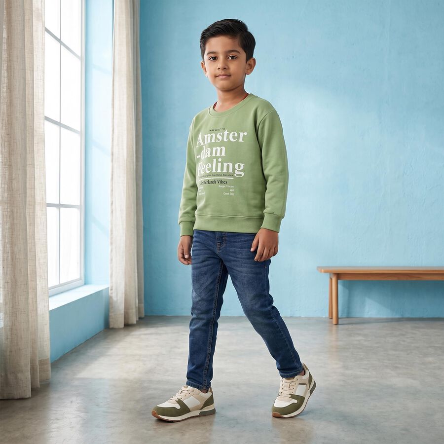 Boys' Green Round Neck Pullover Sweatshirt, हल्का हरा, large