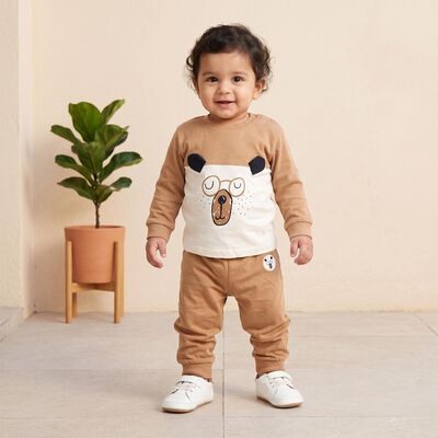 Infants' Beige 100% Cotton Round Neck Graphic Print Baba Suit