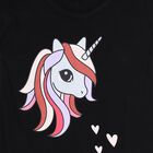 Girls' Black A-Line Unicorn Print Heart Patch Frock, काला, small