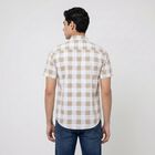 Men's Beige Cotton Short Sleeves Spread Collar Regular Fit Casual Shirt, Beige, small