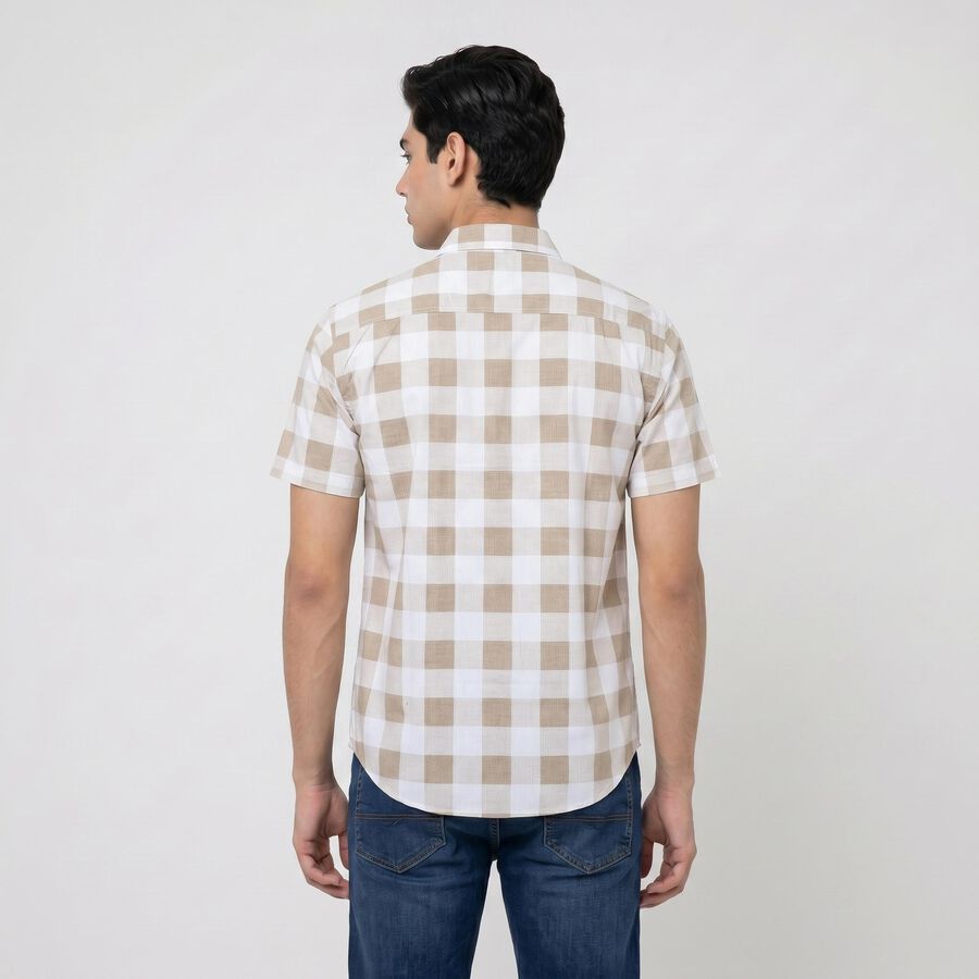 Men's Beige Cotton Short Sleeves Spread Collar Regular Fit Casual Shirt, Beige, large