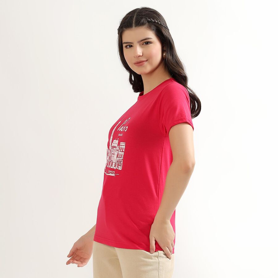 Women's Vibrant Red Round Neck Printed T-Shirt, रानी (फ्यूशिया), large image number null