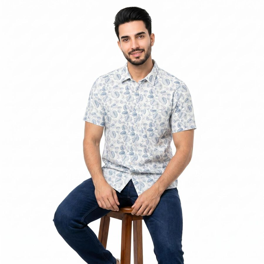 Men's Light Blue Cotton Short Sleeves Spread Collar Regular Fit Shirt, Light Blue, large