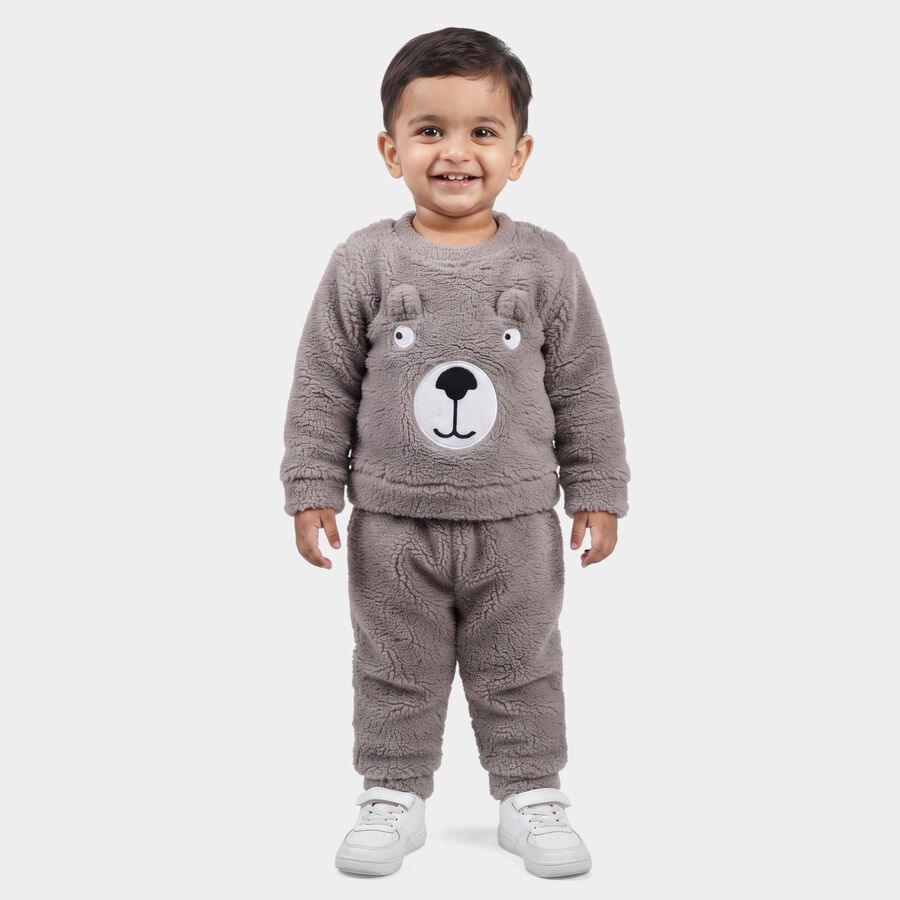 Infants' Grey Round Neck Bear Appliqu&eacute; Baba Suit, हल्का ग्रे, large