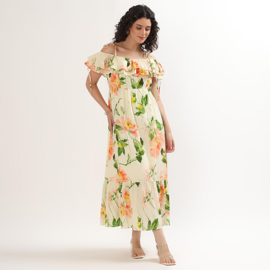 Women's Cream Cotton Off-Shoulder Floral Maxi Dress, Off White, large