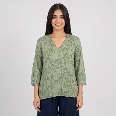 Women's Olive Green V-Neck Floral Printed Straight Kurti