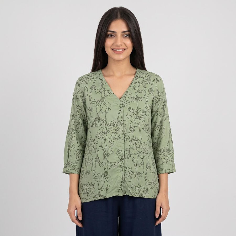 Women's Olive Green V-Neck Floral Printed Straight Kurti, ओलिव, large