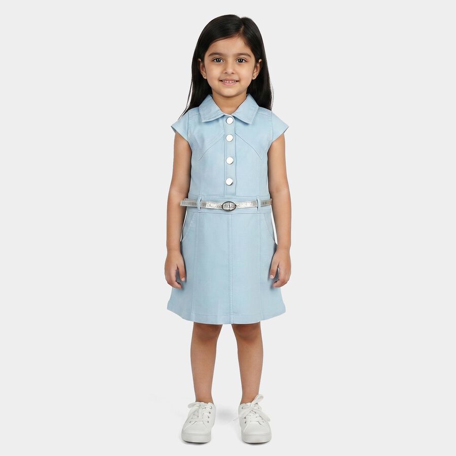 Girls' Light Blue Cotton Blend Casual Frock, हल्का नीला, large