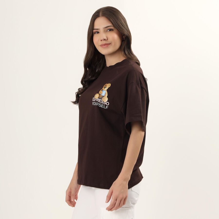 Women's Brown 100% Cotton Round Neck Minimalist T-Shirt, Brown, large