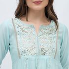 Women's Light Aqua Blue Embroidered Notch Neck Kurta, हल्का नीला, small image number null