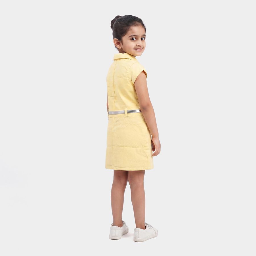 Girls' Yellow Shift Belted Shirt Collar Frock, Yellow, large