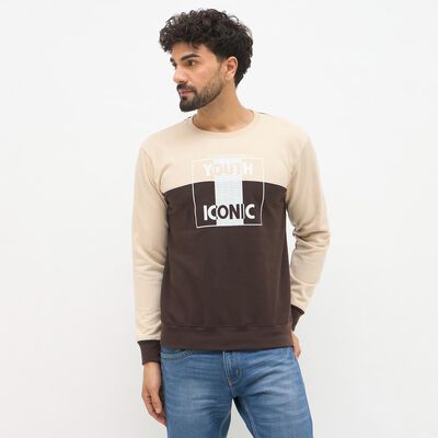 Men's Beige and Brown Crew Neck Casual Sweatshirt, गहरा पीला Men's Beige and Brown Crew Neck Casual Sweatshirt