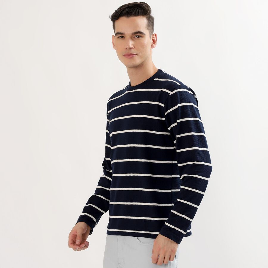 Men's Deep Midnight Navy Blue Crew Neck Casual Full Sleeve T-Shirt , Navy Blue, large image number null
