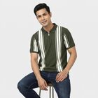 Men Olive Green Polo Neck Striped Polo T-Shirt, Olive, small